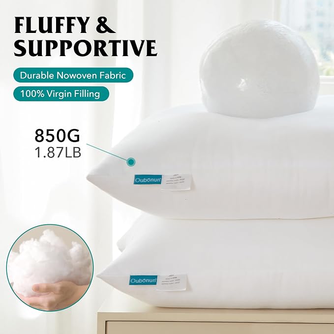 Oubonun 22 x 22 Throw Pillow Inserts Set of 4 | Soft, Plush & Decorative Down Alternative Pillows for Couch Sofa Bed, Machine Washable - White, Pack of 4