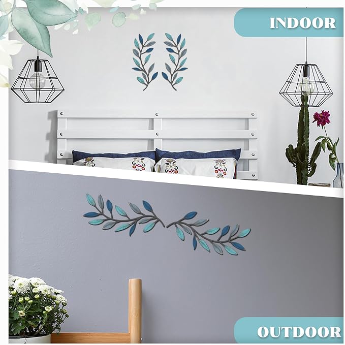 Zhengmy 2 Pcs Metal Leaf Wall Art Vine Branch Decor,Vintage Blue | Olive Branch Metal Decor for Living Room Hallway, Symmetrical Leaf Pair for Doorway Entryway, Lightweight Hanging Art Design