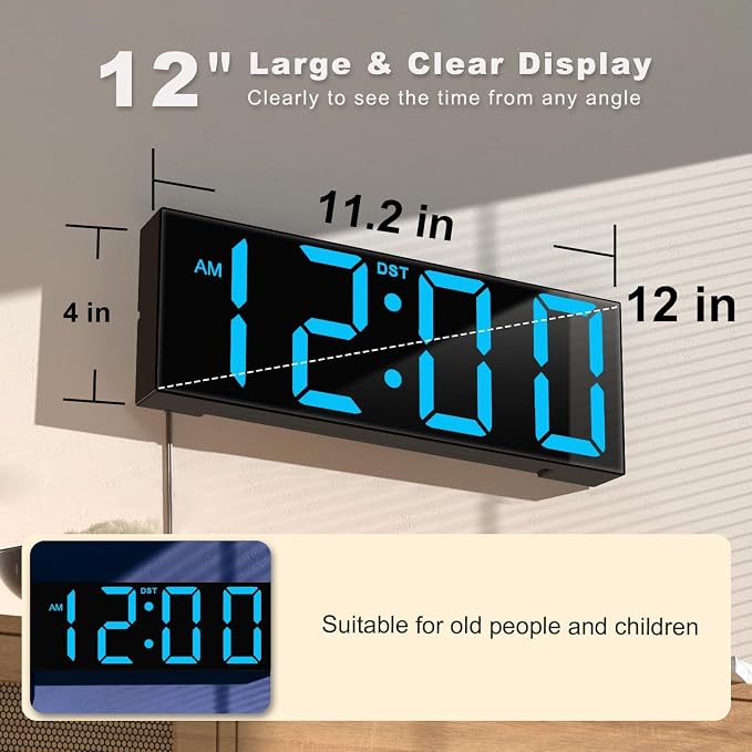 JALL Digital Wall Clock Large Display with Big LED Numbers, Remote Control, 8 RGB Colors, Auto DST, Night Light for Classroom Living Room Bedroom Birthday Gift for Senior, Men Women, Blue