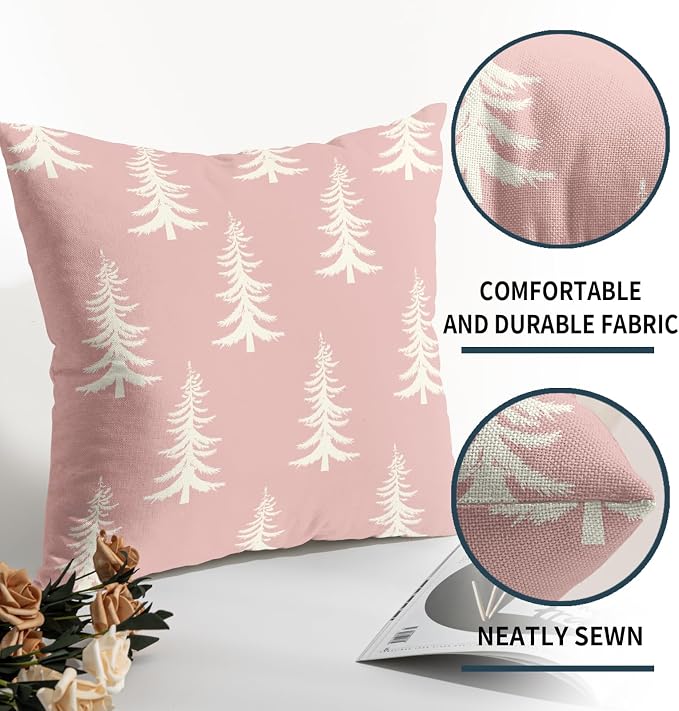 Christmas Pillow Covers 22X22 Inch Set of 2 Rustic Pink White Xmas Tree Decorative Pillow Cases Winter Holiday Cotton Linen Cushion Case Farmhouse Home Decor for Sofa Couch Bedroom