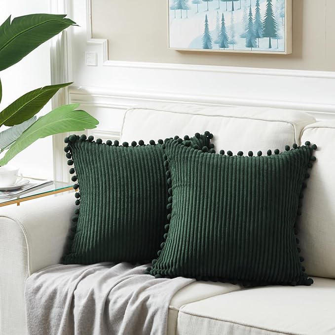 Fancy Homi 2 Pack Dark Green Small Decorative Throw Pillow Covers 14x14 Inch with Pom-poms for Couch Bedroom, Soft Corduroy Solid Rectangle Cushion Case 35x35 cm, Farmhouse Boho Home Decor