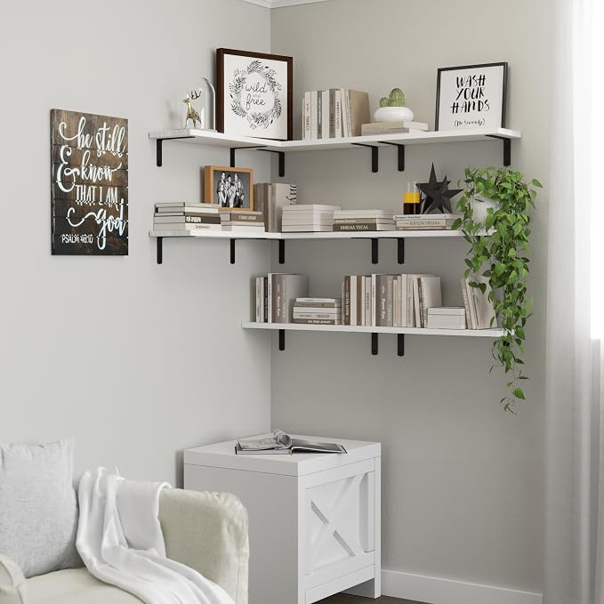DOLLFIO Floating Shelves, 8 Sets Wall Shelves, Wooden Floating Shelves for Bedroom Wall Décor, Wall Mounted Floating Bathroom Shelf for Storage, Floating Book Shelf Living Room – White, HM02
