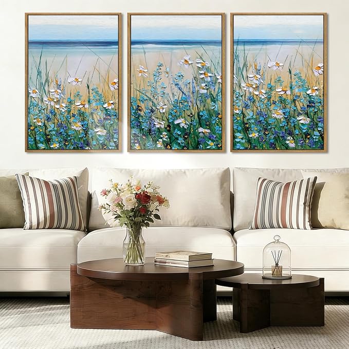 Blue Seaside Cyan Floral Wall Decor Wildflower Canvas Painting Framed Floral Prints Decor for Living Room Bedroom 16x24 Inch Set of 3