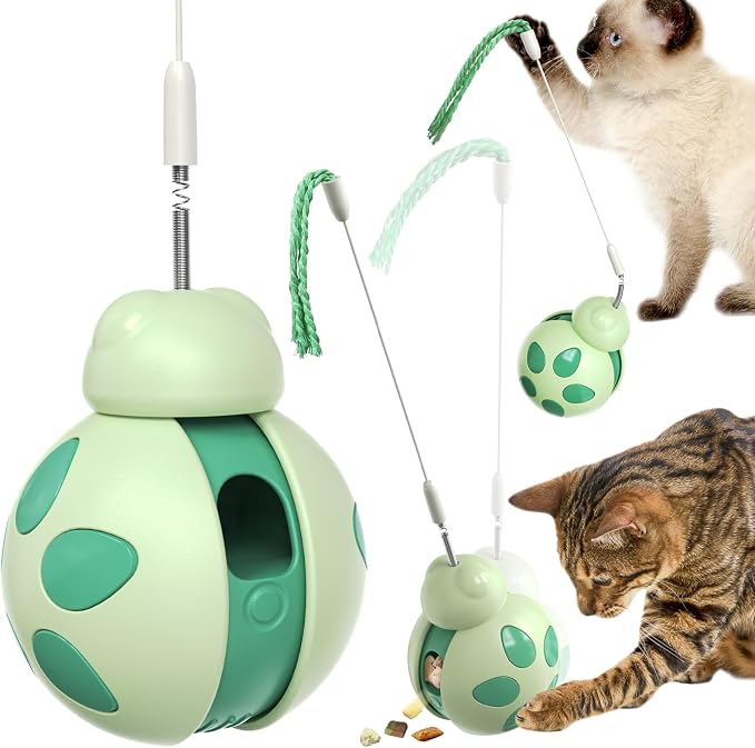 Cat Treat Dispenser Tumbler Food Toy Cat Slow Feed Ball Wand Teaser (Green)