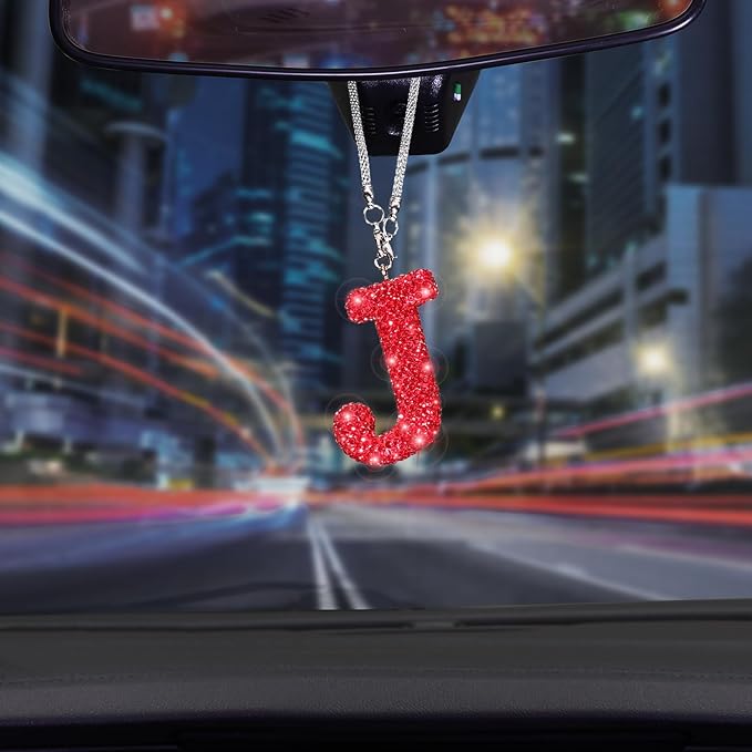 Car Rear View Mirror Ornament Hanging Lucky Crystal Pendant Red Bling Car Accessories for Women Rhinestone Charm Auto Decoration (Red,J)