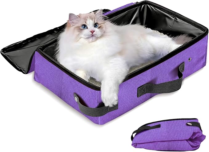 Portable Litter Box for Cats, 16 * 12 * 6 inch Large Size Foldable Travel Litter Box with Lid, Easy to Store and take it Out, Cat Essentials for Long Distance Traveling & Camping - Purple
