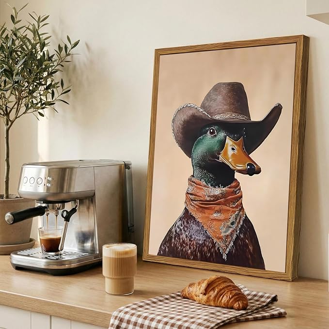 Framed Vintage Western Duck Wall Art, Cowboy Mallard Duck Pictures Wall Decor, Whimsical Farmhouse Animal Paintings Canvas Prints Rustic Home Decor for Living Room Bedroom Bathroom 12x16 inch
