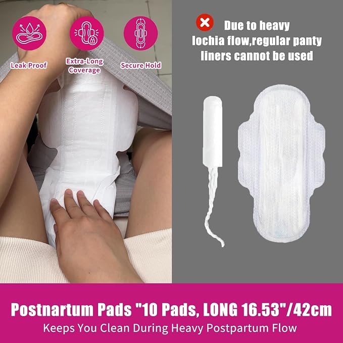 10 Count Premium Postpartum Pads with Wings, Leak Proof Feminine Care Maxi Pads, Stays Securely in Place, Maximum Absorbency, Postpartum Maternity Pads, Ultra Soft, Ultra Thin(Pink)