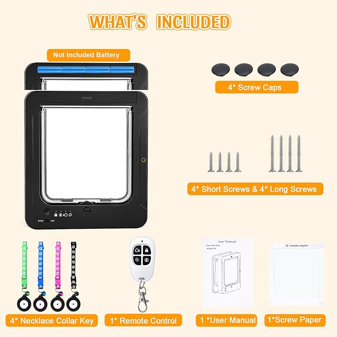 Smart Cat Door with 4 Collar Sensor Key, RFID Electronic Cat Door Collar Activated with Remote Control, 4 Way Locking Cat Flap Automatic Pet Door Interior & Exterior