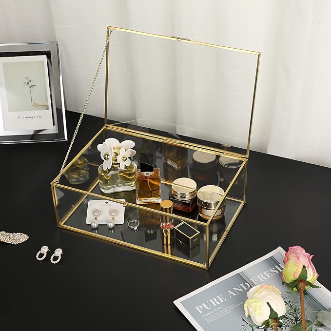 Hipiwe Vintage Glass Keepsake Box - Rectangle Jewelry Display Case, X-Large | Gold Vanity Organizer Lidded Boxes Home Decor Accent for Storage Trinket Rings Bracelet Rock