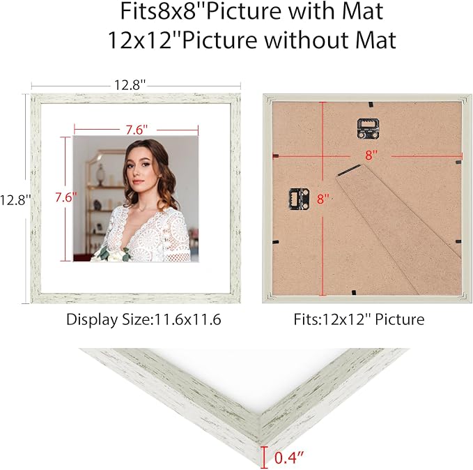 12x12 Picture Frame Set of 9, Display Pictures 8x8 with Mat or 12x12 without Mat, Multi Collage Gallery Square Photo Frames for Wall or Tabletop, Distressed White