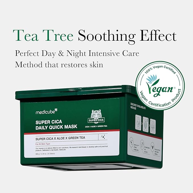 medicube Super Cica Daily Quick Facial Masks (30 Sheets) - 60-Second Soothing & Hydrating Facial Mask with 88% Cica, Instant Cooling & Moisturization - 100% Vegan Certified, Korean Skincare