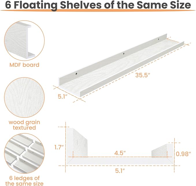upsimples Floating Shelves for Wall Decor and Storage, White, 6Pcs 35.5'' | Wall Mounted Wood Shelves for Living Room, Bedroom, Kitchen, Office, Nursery Room, Coffee Bar Display and Organize