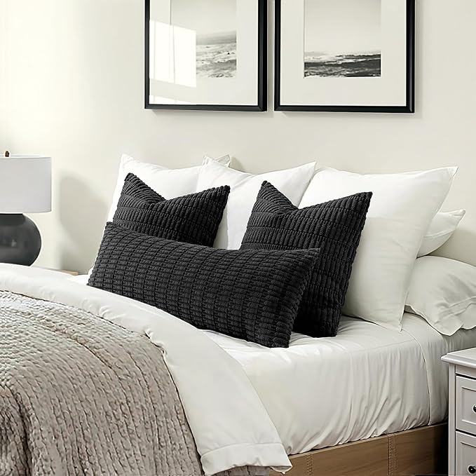 MIULEE Lumbar Corduroy Throw Pillow Cover for Bed 14x36 Black Pack of 1 | Soft Long Decorative Cushion Cover Boho Farmhouse Accent Pillowcase Sofa Couch Livingroom Home Decor