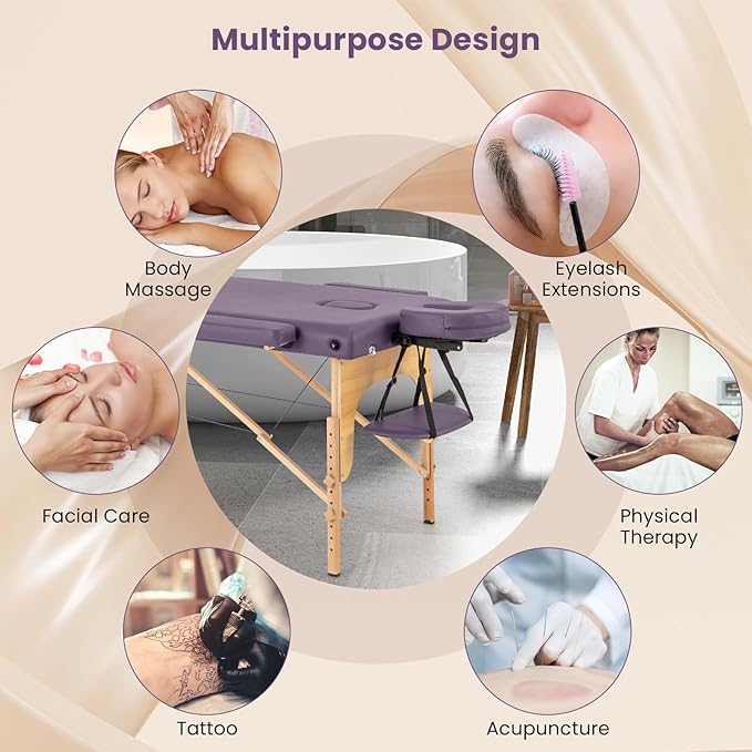 Giantex Massage Table, Portable Massage Bed w/Carrying Case, 2-Section Salon Spa Facial Care Tattoo Bed, Height Adjustable, Wood Frame, Professional Massage Lash Bed for Eyelash Extension (Purple)