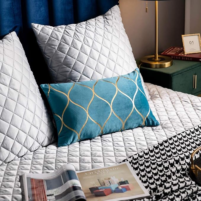 12x20 Inch Gold Velvet Throw Pillow Covers: 2 Pack Rectangular Decorative Pillow Cases for Bedroom Sofa Couch Living Room, Turquoise