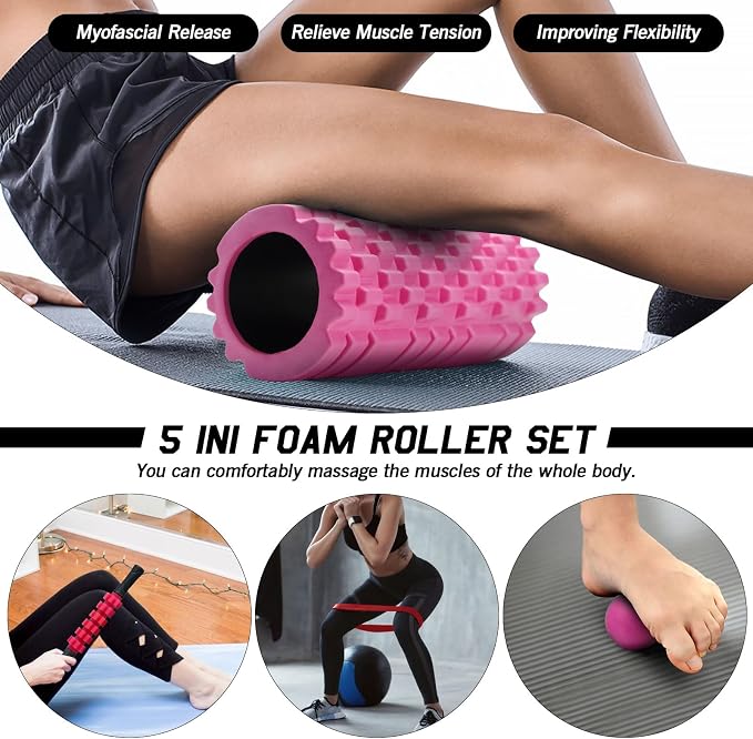JOYENERGY 5 in 1 Foam Roller Set, Trigger Point Foam Roller Patented, Massage Stick, Massage Ball, Resistance Band for Deep Muscle Massage Pilates Yoga, Fitness Exercise for Whole Body