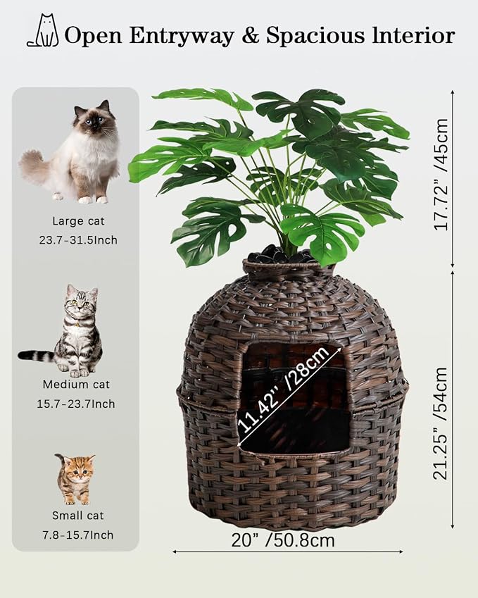SETVSON Cat Litter Box Plant Furniture Enclosure, PE Rattan House, Brown | Decorative Planter Design, Removable Top for Easy Cleaning, Built-in Litter Box, Compact 20x20x38.97 Inches, PE Rattan House