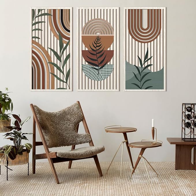 IARTTOP Large Boho Wood Wall Art 16x32 Inch Mid Century Modern Bohemian Wooden Wall Decor Brown Minimalist Geometric Plant Decor for Bedroom Living Room Dining Room Set of 3