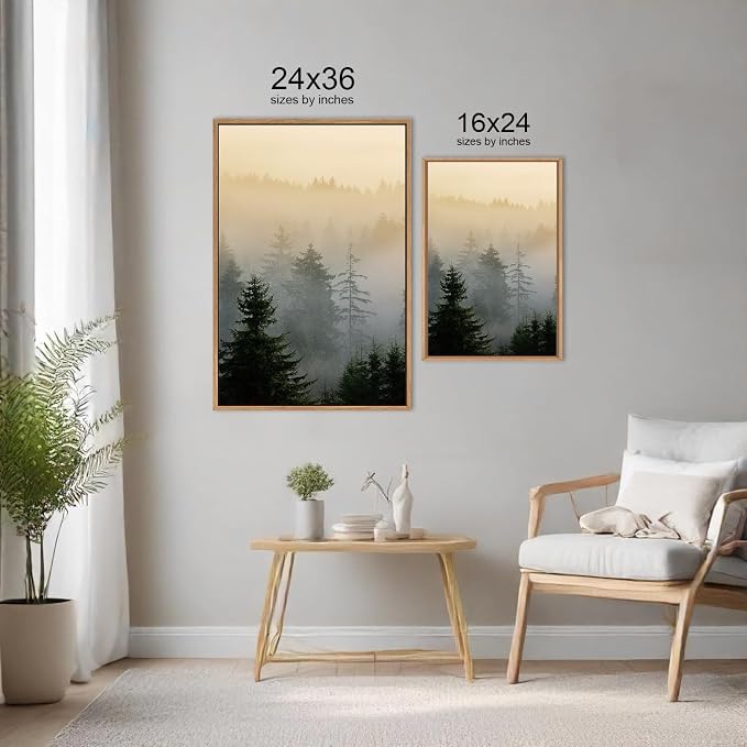 FWIEXA Misty Forest Wall Art Set Framed, Large Mountains Canvas Wall Decor, Green Nature Wall Painting, Foggy Tree Landscape Artwork 3 Panel 24x36 Inches for Living Room, Bedroom, Office, Gift