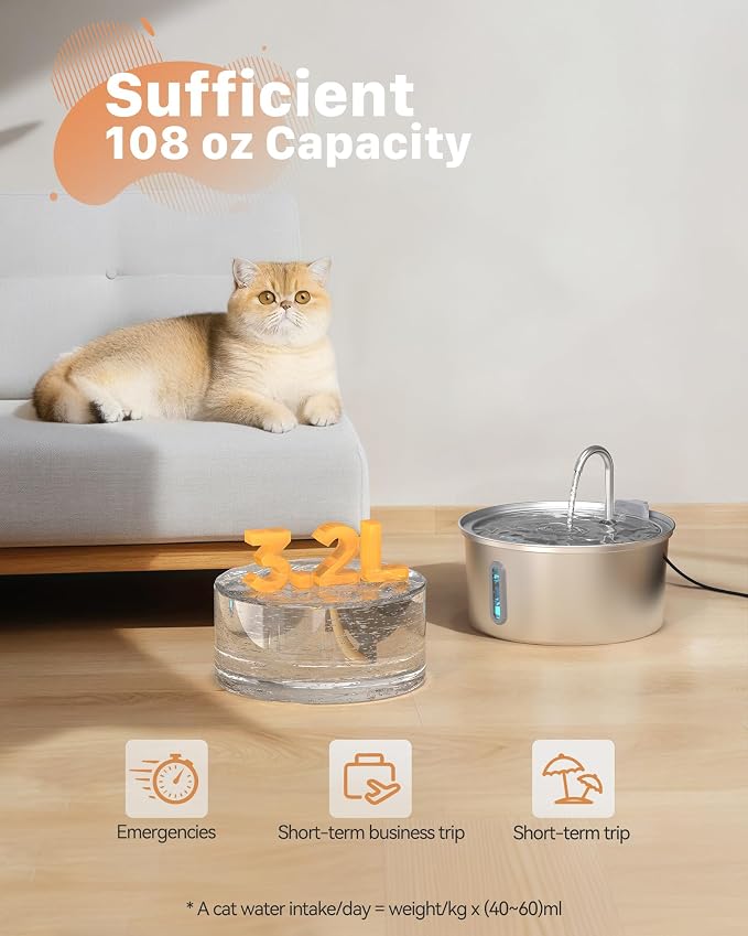 108oz/3.2L Cat Water Fountain Stainless Steel with 6 Filters 3 Sponges | Pet Fountain for Drinking with Water Level Window, Ultra Quiet Pump, Kitty Spout, Automatic Cat Feeding & Watering Supplies