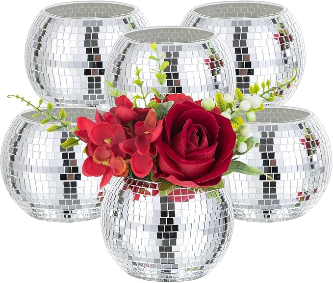 Disco Ball Vases for Table Centerpieces - Hewory 6pcs Silver Mirror Glass Planters Flower Pot Containers, Bulk Disco Balls Bowl Candle Holders for Wedding Bridal Shower Birthday Events Party Decor