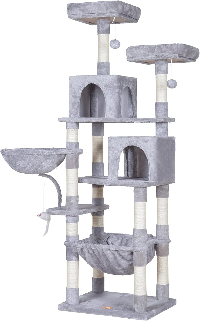Heybly Cat Tree, 70 inches Tall Cat Tower for Indoor Large Cats HCT032W | Big Cat Condo with Toy , Cat House Furniture with Padded Plush Perch, Cozy Hammock and Sisal Scratching Posts, Light Gray