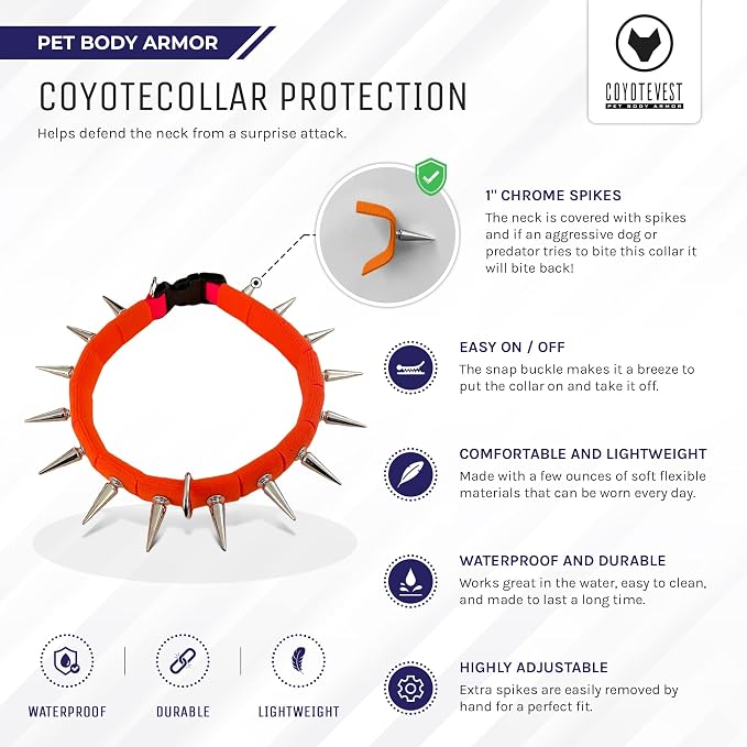 CoyoteCollar Spike Dog Collar, Adj/Replaceable Spikes, Large, Orange