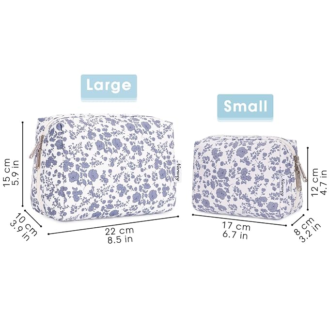 Narwey Small Cute Floral Makeup Bag for Purse Mini Cosmetic Bag Travel Makeup Pouch Zipper Pouch Cute Make up Bags with Compartments for Women Girls (Little Grayish Blue Flower, Small)