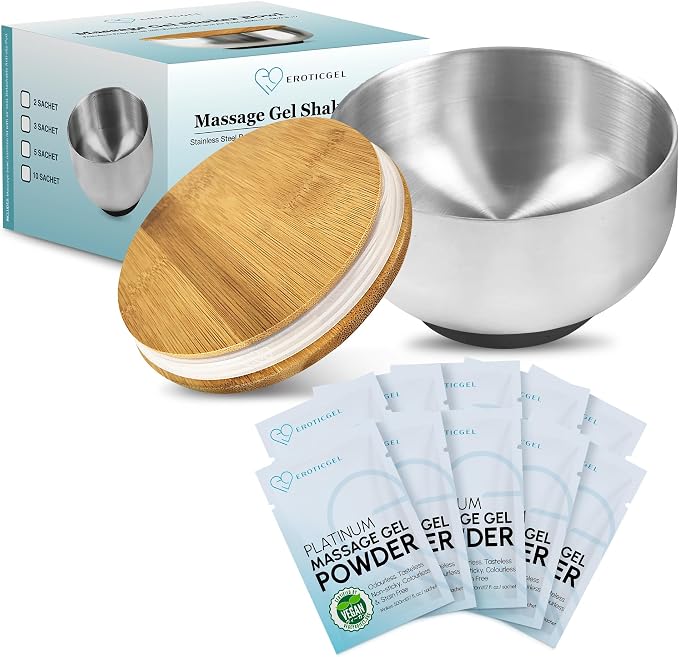 Nuru Massage Gel Powder & Bowl Set | 10 × 5g Platinum Sachets + Stainless Steel Mixing Bowl | Japanese-Made Powder | Vegan | Paraben & Glycerin Free | Makes 1.32 Gallons
