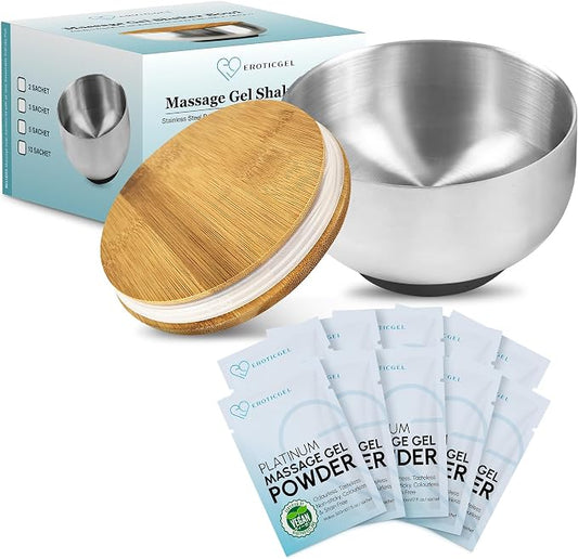 Nuru Massage Gel Powder & Bowl Set | 10 × 5g Platinum Sachets + Stainless Steel Mixing Bowl | Japanese-Made Powder | Vegan | Paraben & Glycerin Free | Makes 1.32 Gallons