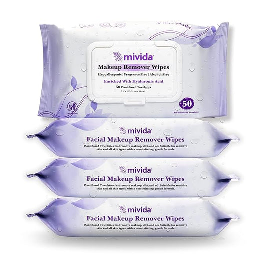 mivida Hypoallergenic Makeup Remover wipes Bulk with Hyaluronic Acid, 200 count (4×50) Value Pack, Fragrance Free Makeup Wipes for Sensitive Skin, Alcohol Free Make up Remover Facial Wipes