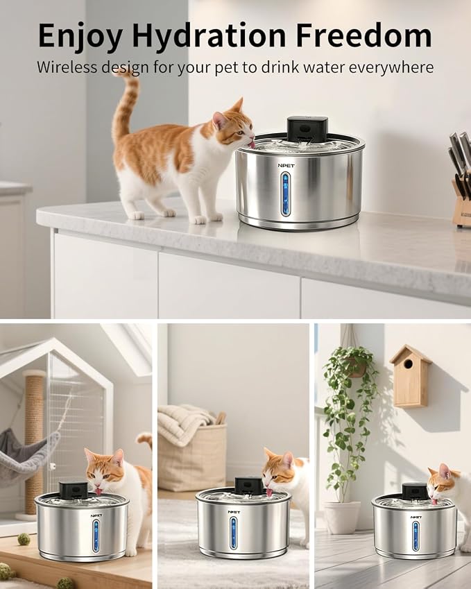 NPET Cordless Cat Water Fountain Stainless Steel, 1Gallon for Cats Indoor | Battery Operated, Automatic Pet Drinking Fountain,Wireless Dog Water Dispenser, With Water Level Window