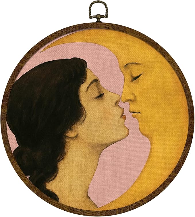 KLYTINK Retro Celestial Decor,Romantic Moon and Young Girl Round Wall Art,Vintage-Inspired Celestial Canvas Print, Surreal Moon and Woman Hanging Decor for Bedroom, Gallery Wall 10''x10''