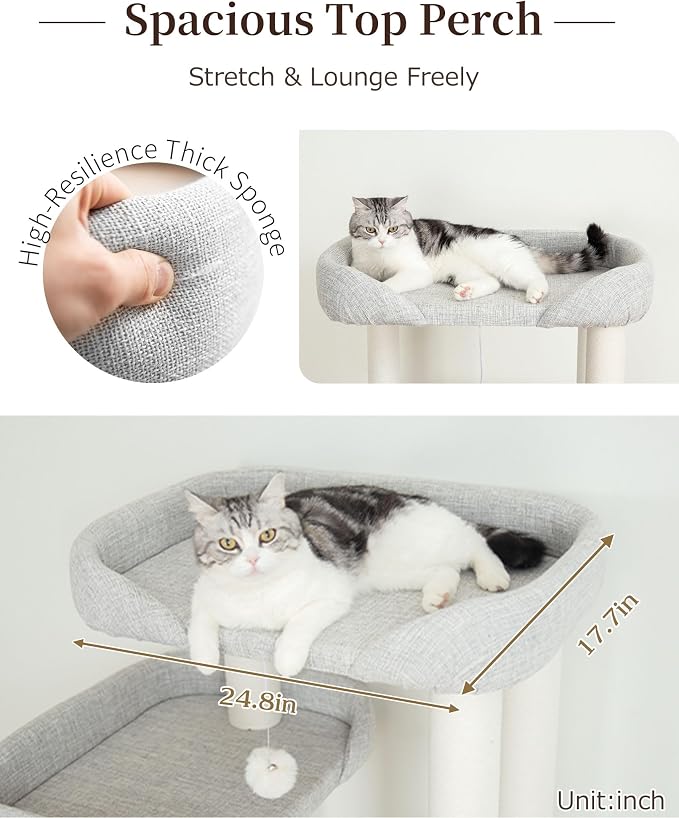 Cat Tree for Large Cat, Modern Senior Friendly Cat Tower with Wide Shelves Low Step, Cotton Scratching Posts, Super Sturdy Base, Cozy Perches, and Interactive Toys (Gray)