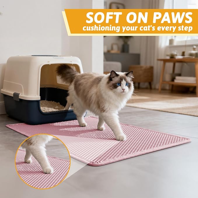 Pieviev Litter Box Mat, Double-Layer Urineproof Design, 30" x 24" Pink | Honeycomb Litter Trapping Mat Captures Scattered Particles to Stop Tracking, Waterproof Base Protects Floors, Easy to Clean