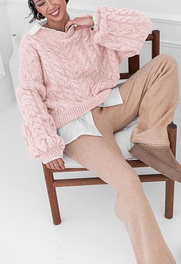 PRETTYGARDEN Womens Sweaters Spring 2026 Cable Knit Long Sleeve Crewneck Oversized Sweater Chunky Pullover Loose Outfits