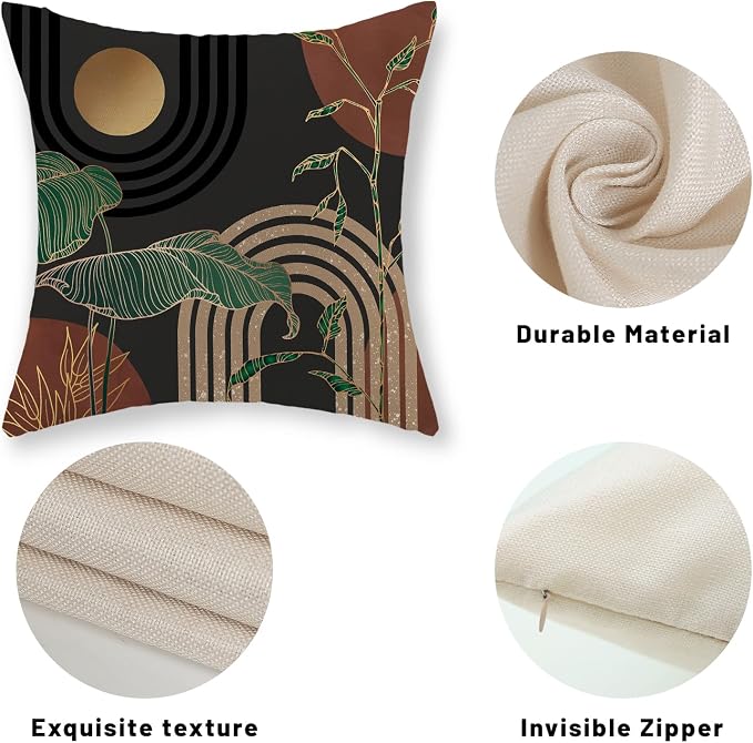 Boho Grey Rust Brown Pillow Covers 18x18 Set of 2 Gold Green Leaf Tropical Mid Century Throw Pillows Outdoor Bohemian Modern Decorative Pillowcase Farmhouse Cushion Case for Couch Sofa Decor