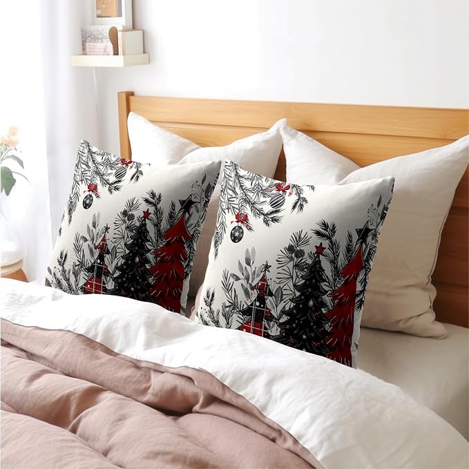 Kawani Vintage Christmas Trees Pillow Covers 20x20 Inches, 2 Pcs Red Black Xmas Plaid Tree and Bells Square Pillowcase Cotton Linen Cushion Case for for Home Home Party Sofa Decoration