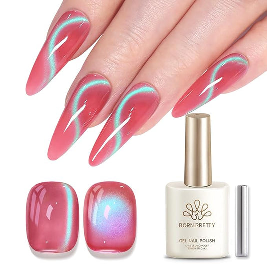 Born Pretty Spring Summer Cat Magnetic Eye Gel Polish,2026 Fruit Pink Green Holographic Glitter Shimmer Translucent Sheer Magnetic Gel Polish Salon DIY at Home