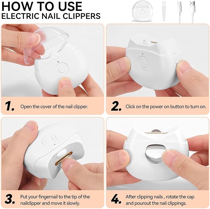Automatic Electric Nail Clipper with LED Light & 2 Speeds with Nail Scraps Storage, USB Rechargeable Safety Fingernail Trimmer for Baby, Children, Kids, Adult, Seniors and Caregivers, White