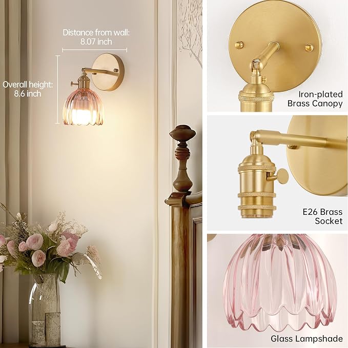 Shenmoyl Vintage 5000 mAh Battery Operated Wall Sconce with Pink Clear Tulip Glass Lampshade Rechargeable Battery Powered Wall Light with Remote Control for Bedroom Doorway, Set of 2