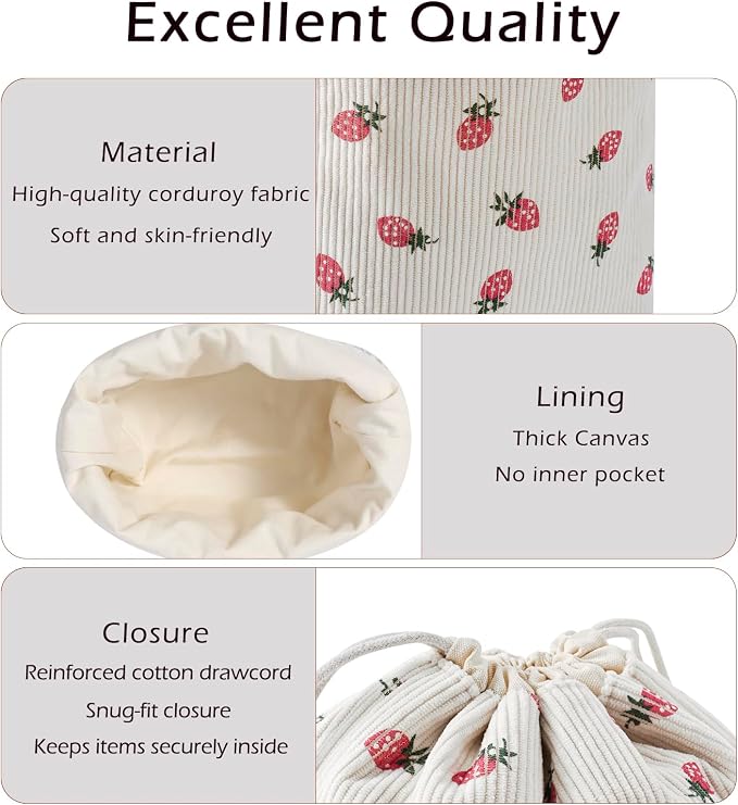RSRSLEII Aesthetic Corduroy Drawstring Makeup Bag, Cute Coquette Drawstring Cosmetic Bag with Canvas Lining, Strawberry Pattern Travel Makeup Organizer Case for Women Girls(06 Strawberry)