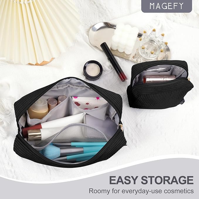 MAGEFY Small Makeup Bag for Purse Mini Cosmetics Bag Corduroy Cute Cosmetic Pouch for Women with Slip-in Pockets