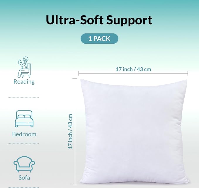 ROYALE LINENS 17 X 17 Pillow Insert - Down Alternative Throw Pillows Insert - Square Pillow Pack of 1 White - Bed & Couch Pillows - Inner Cushion for Bed, Cushion for Living Room - Shams Stuffer