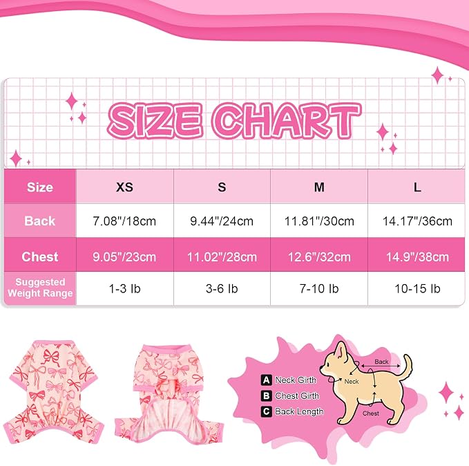 DaFuEn Dog Pajamas for Small Dogs, Soft Stretchy 4 Legs Puppy Jumpsuit, All Season Cozy Pet PJs for Chihuahua Yorkie Teacup Dogs, Cat Clothes (Pink Bow, S)