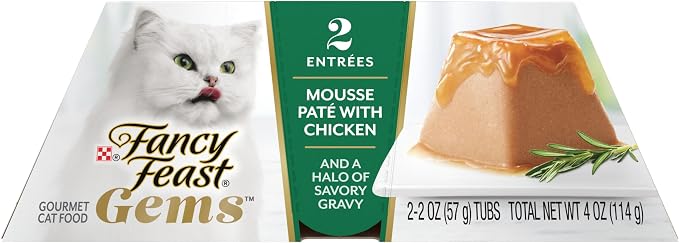Purina Fancy Feast Gems Chicken Wet Cat Food Variety Box, 4 oz, 8-Pack | 16 single servings, mousse pate with savory gravy, made with no artificial preservatives, 100 percent complete and balanced