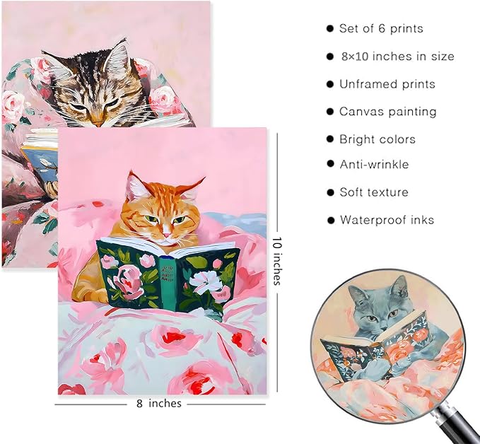Cute Cat Reading Poster Set of 6 Funny Black Cat Book Lover Canvas Wall Art, Whimsical Animal Wall Decor Painting Prints Aesthetic for Nursery Kids Boby Room Bedroom Unframed 8x10 inch