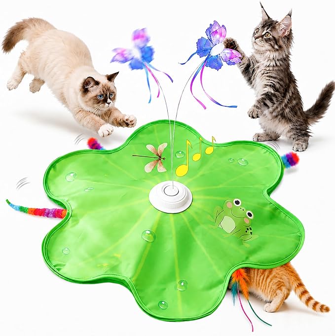 Interactive Cat Toys, Rechargeable with Auto Play and Bird Chirps | 3-in-1 hide and seek mat with fluttering butterfly, moving feather and plush tail, Perfect for indoor adult cats and kittens