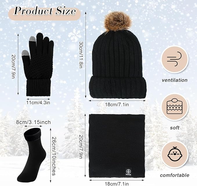 SATINIOR 5 Pcs Winter Hat Scarf Gloves Set Fleece Warm Lined Knit Beanie Hat Touch Screen Earmuff Gloves Warmer for Women(Black,Cool Style)
